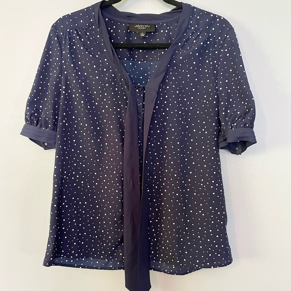 Jason Wu for Target Navy & White Polka Dot Blouse with Tie Size Large